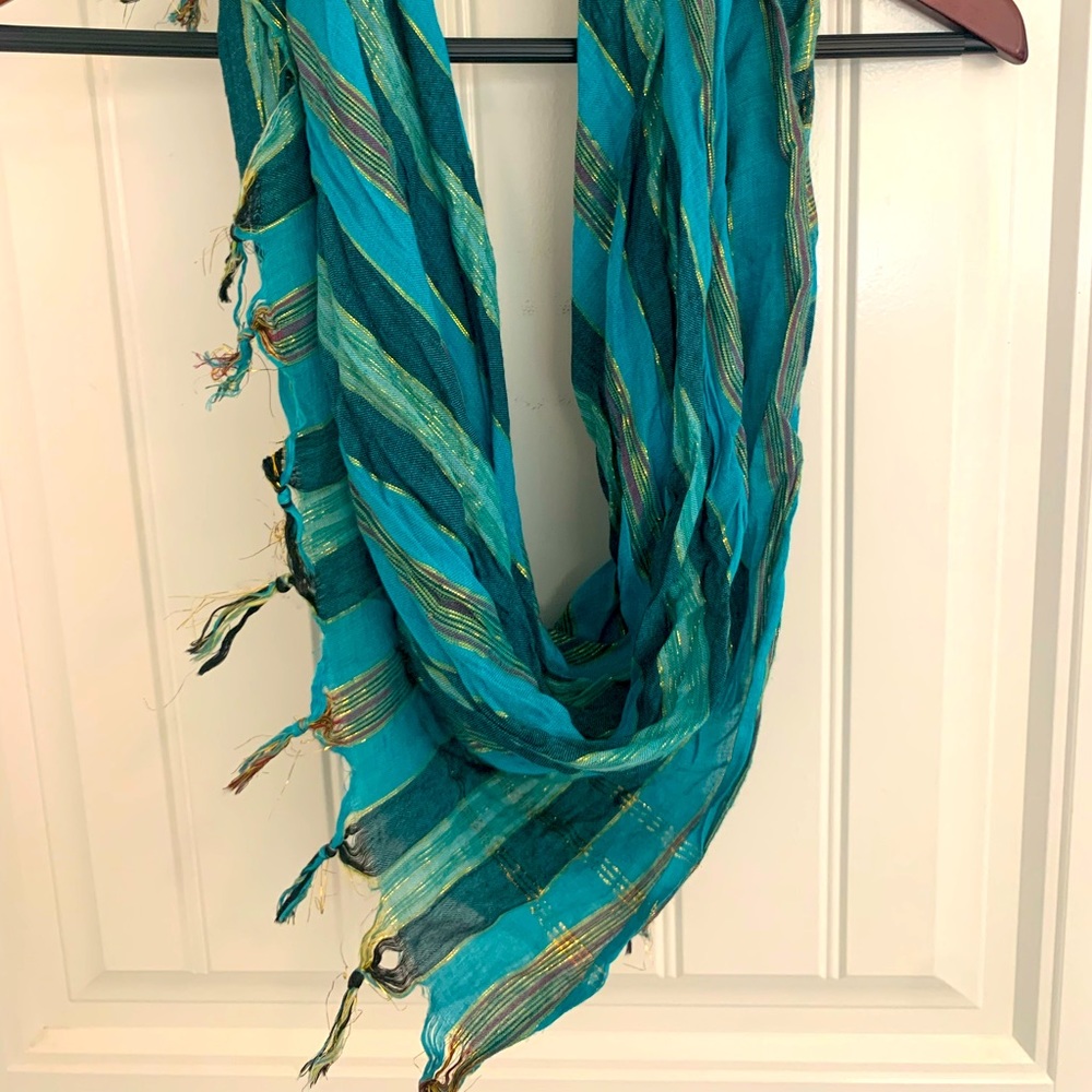 Cute Boho Turquoise & Metallic Striped Scarf- One Size - Picture 2 of 4